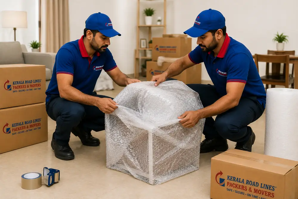 Kerala Road Lines crew bubble-wrapping furniture before loading