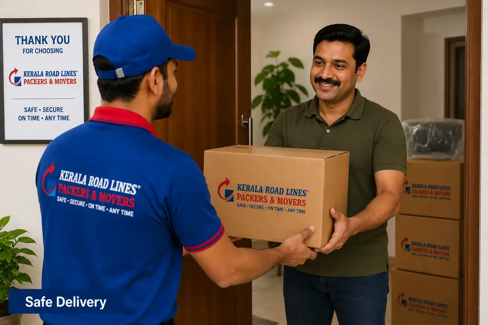 Kerala Road Lines crew handing over a carton at the delivery address