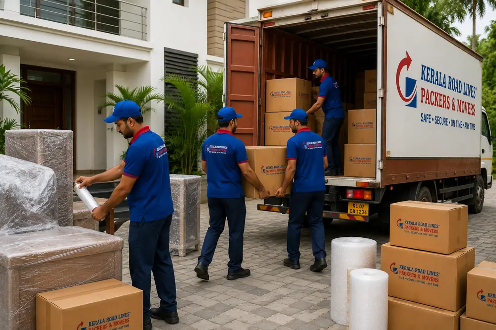 Kerala Road Lines crew loading a wrapped household into the truck