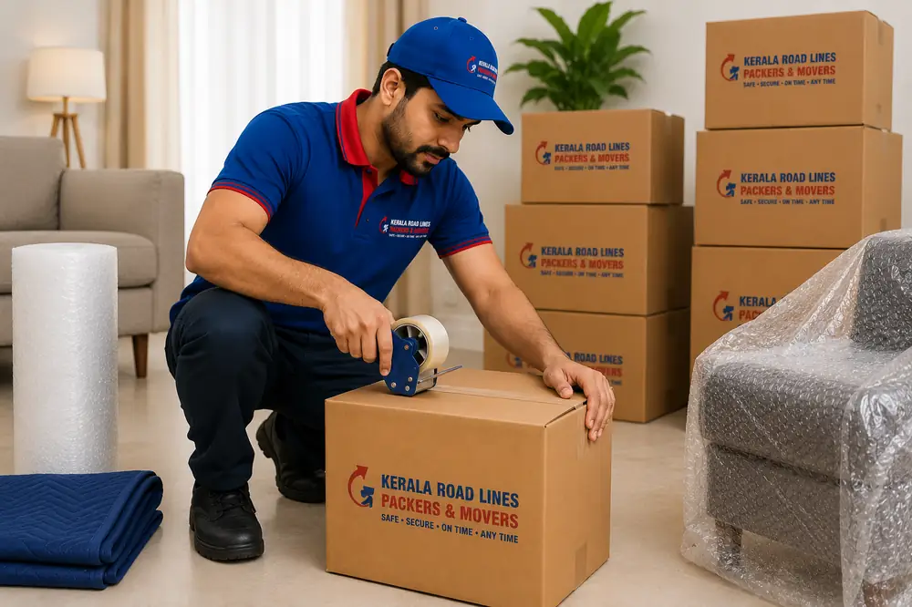 Uniformed crew sealing a labelled carton with tape