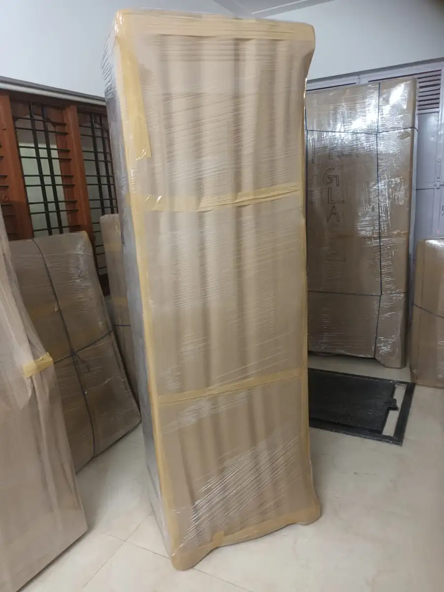 Glass cabinet marked GLASS and packed with extra protection