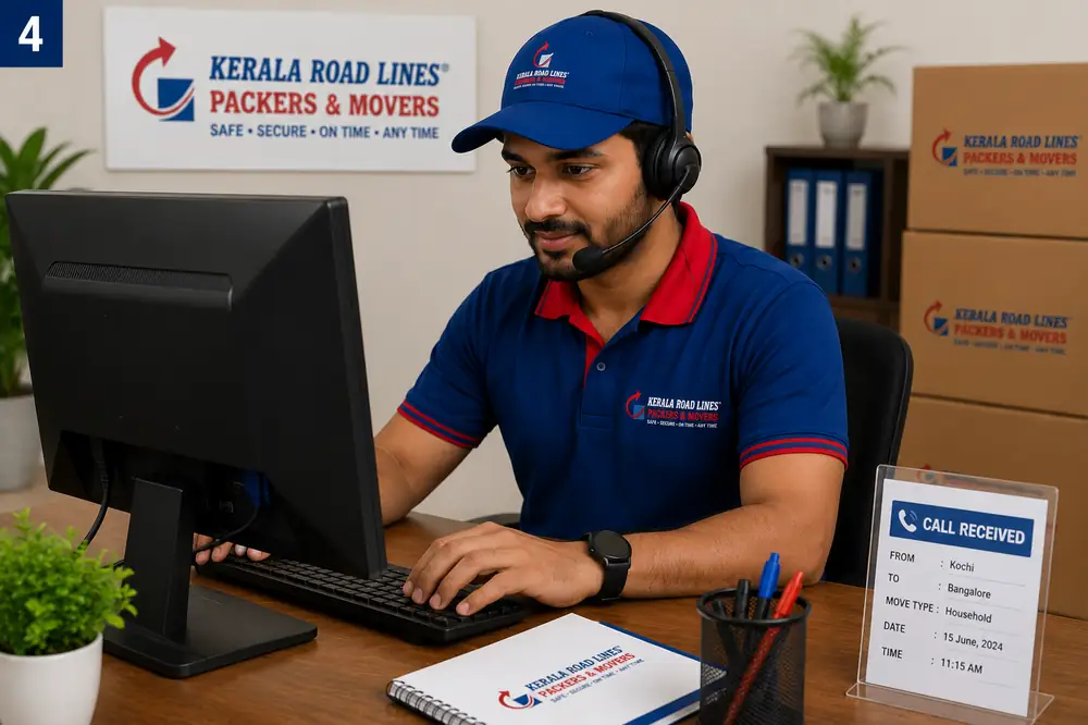 Kerala Road Lines coordinator taking a move enquiry at the Kochi office