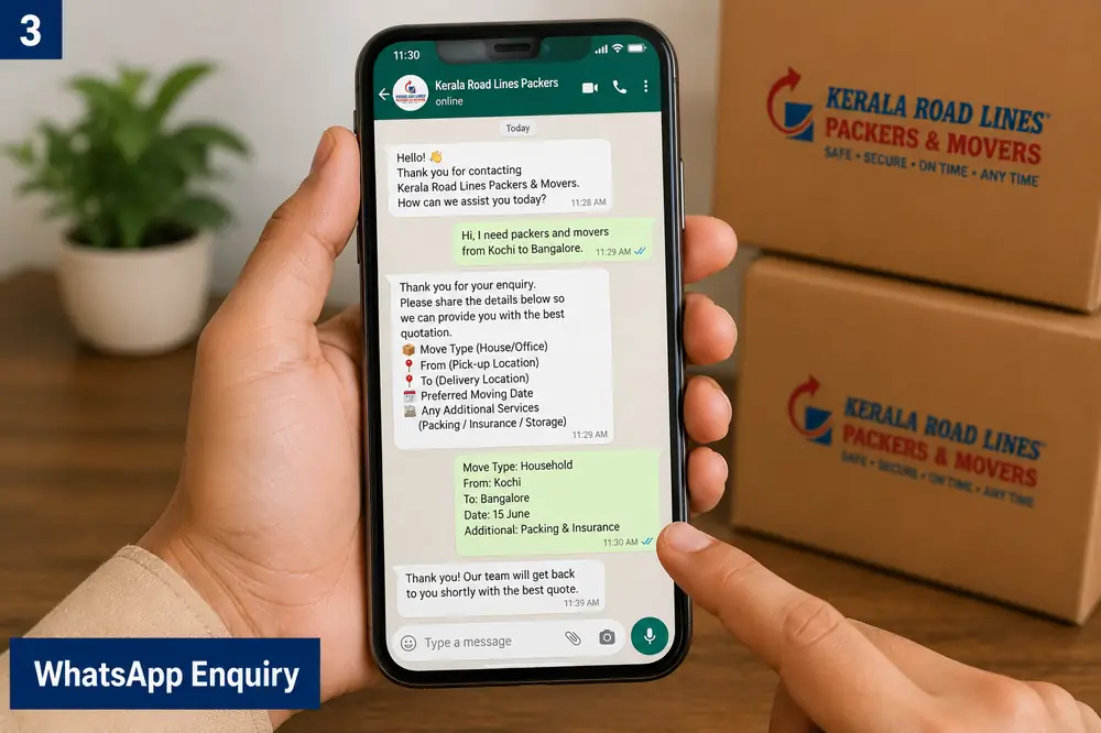 WhatsApp enquiry for packers and movers from Kochi to Bangalore