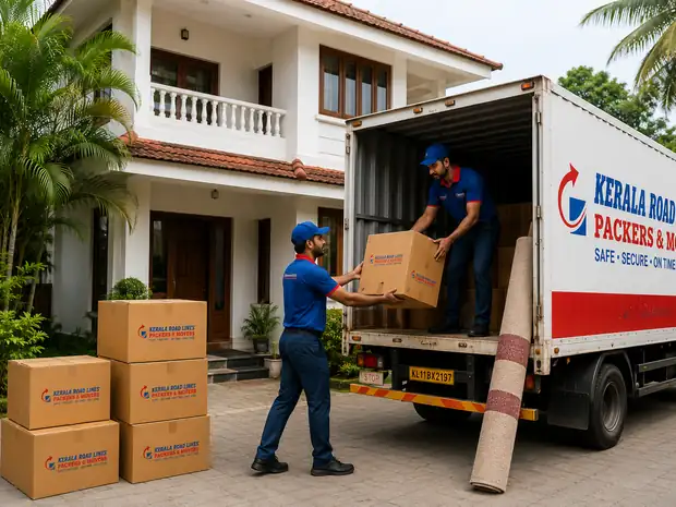 Crew loading labelled cartons into a Kerala Road Lines truck