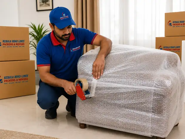 Crew taping bubble wrap around an armchair